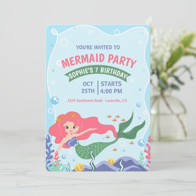 Cute Mermaid Invitation, Under The Sea Birthday Invitation (Standing Front)