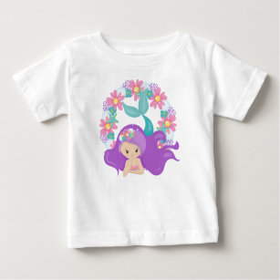 Cute Mermaid, Little Mermaid, Purple Hair, Flowers Baby T-Shirt