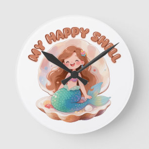 Cute Mermaid My Happy Shell Quote Pastel Aesthetic Round Clock