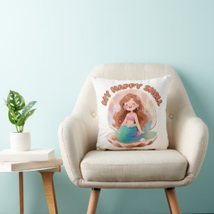 Cute Mermaid My Happy Shell Quote Pastel Aesthetic Throw Pillow