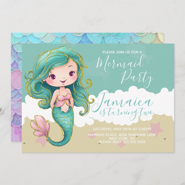 Cute Mermaid Ocean Beach Birthday Party   Invitation (Front/Back)