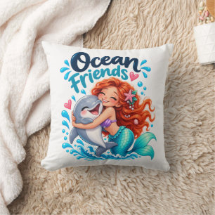 Cute Mermaid Ocean Friends Dolphin Design Throw Pillow
