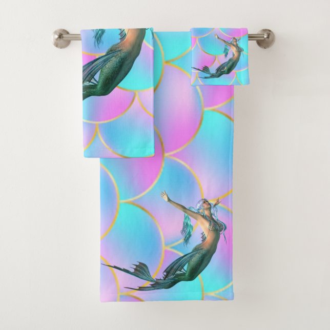 Cute Mermaid On Mermaid Tail Scales  Bath Towel Set (Insitu)