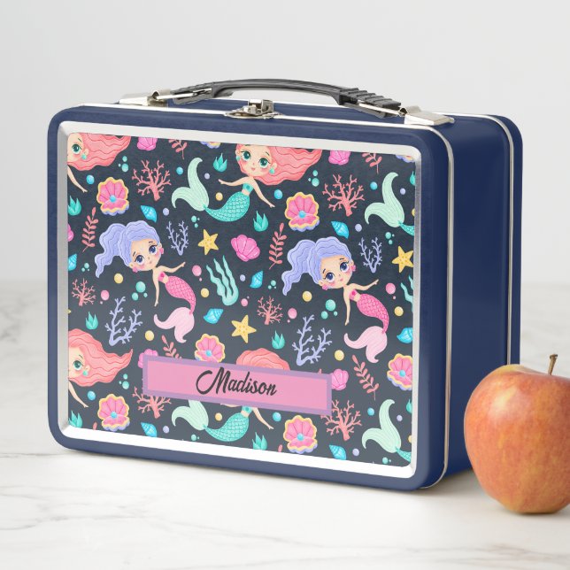 Cute Mermaid Pattern Customizable Name  Metal Lunch Box (In Situ)