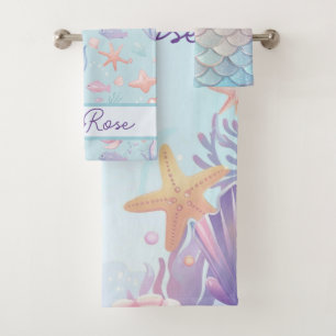 Cute Mermaid Pattern Personalised Girly  Bath Towel Set