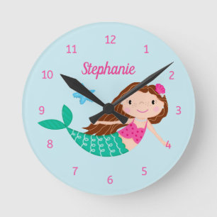 Cute Mermaid Personalized Blue Round Clock