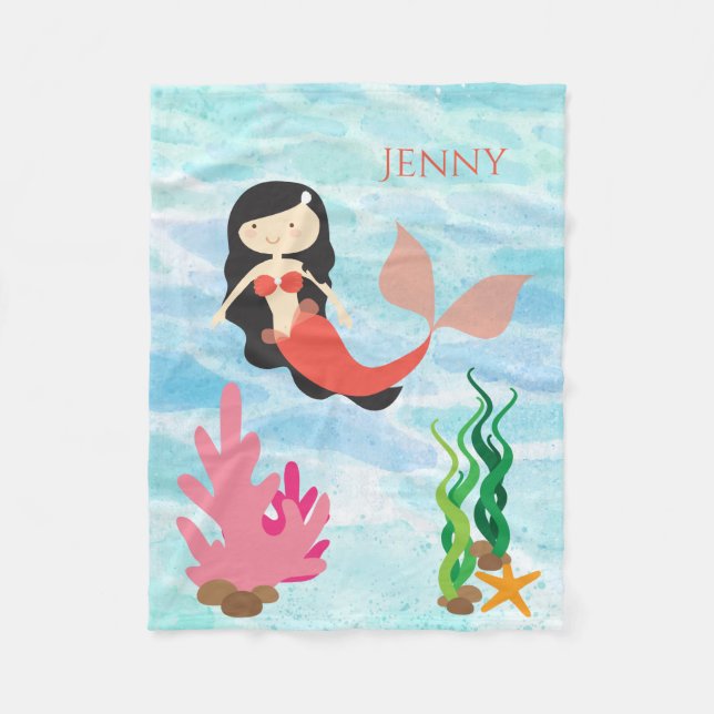 Cute Mermaid Personalized Fleece Baby Blanket (Front)