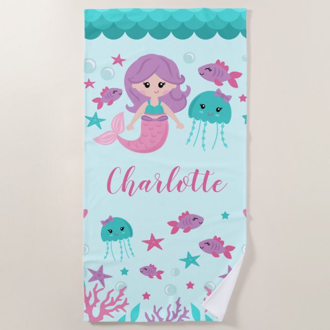 Cute Mermaid Personalized Girl Beach Towel (Front)