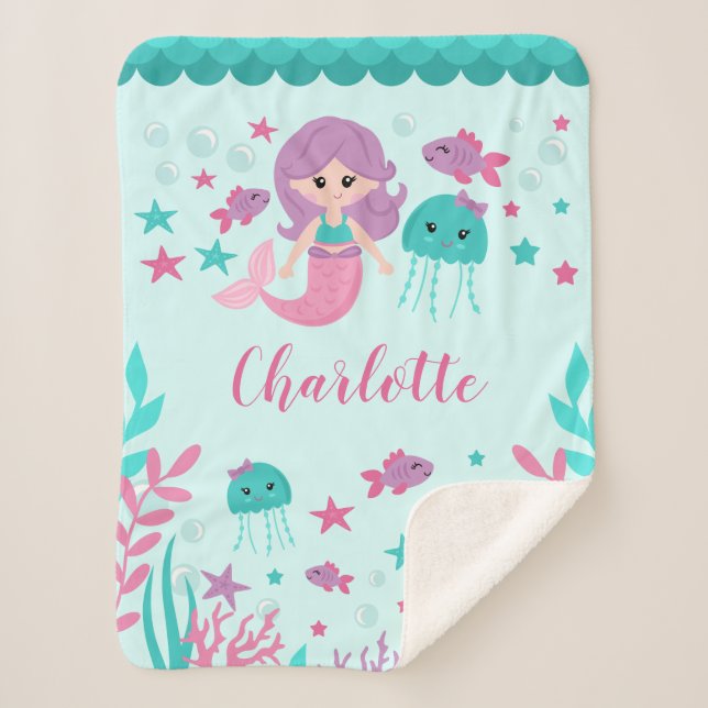 Cute Mermaid Personalized Girl Sherpa Blanket (Front)