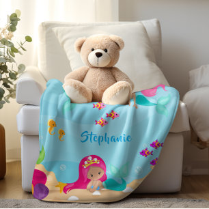 Cute Mermaid Personalized Girly Under the Sea Fleece Blanket