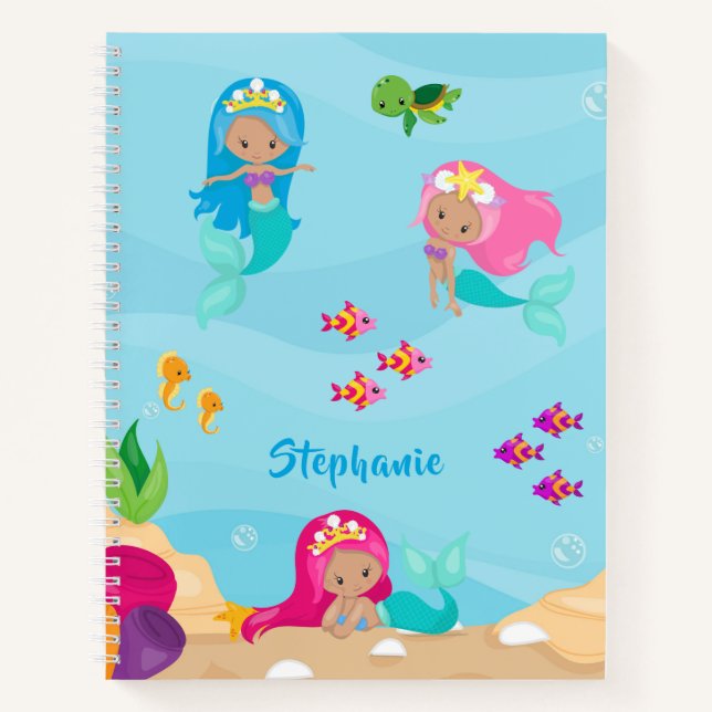 Cute Mermaid Personalized Girly Under the Sea Notebook (Front)