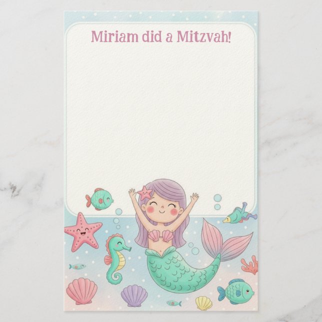 Cute Mermaid Personalized Mitzvah Note Stationery (Front)