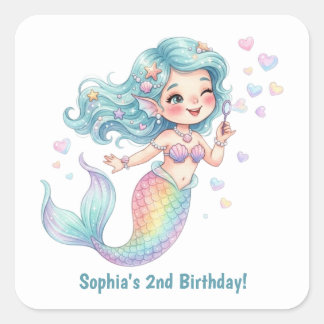 Cute Mermaid Personalized Name and Age Birthday Square Sticker