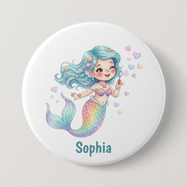 Cute Mermaid Personalized Name Birthday 3 Inch Round Button (Front)