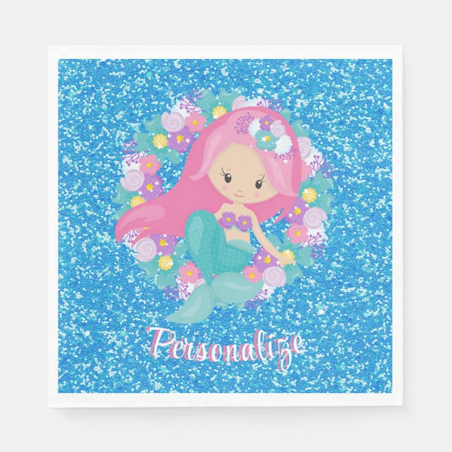 Cute Mermaid Pink Blue Glitter Personalize Napkin (Front)