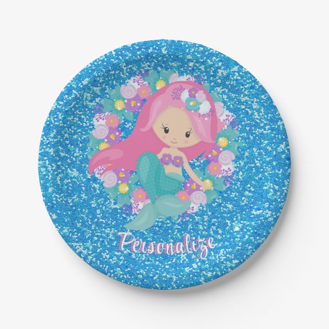Cute Mermaid Pink Blue Glitter Personalize Paper Plate (Front)