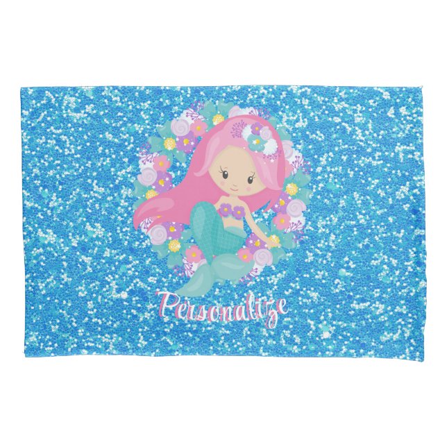 Cute Mermaid Pink Blue Glitter Personalized Pillowcase (Front)