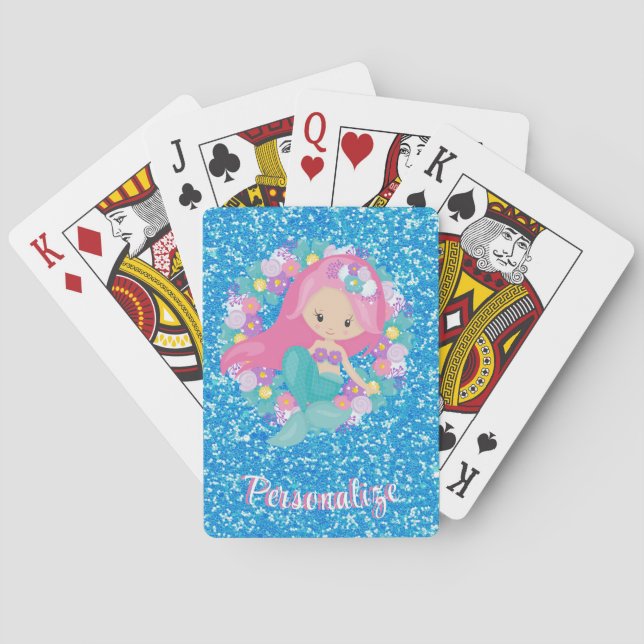 Cute Mermaid Pink Blue Glitter Personalized Playing Cards (Back)