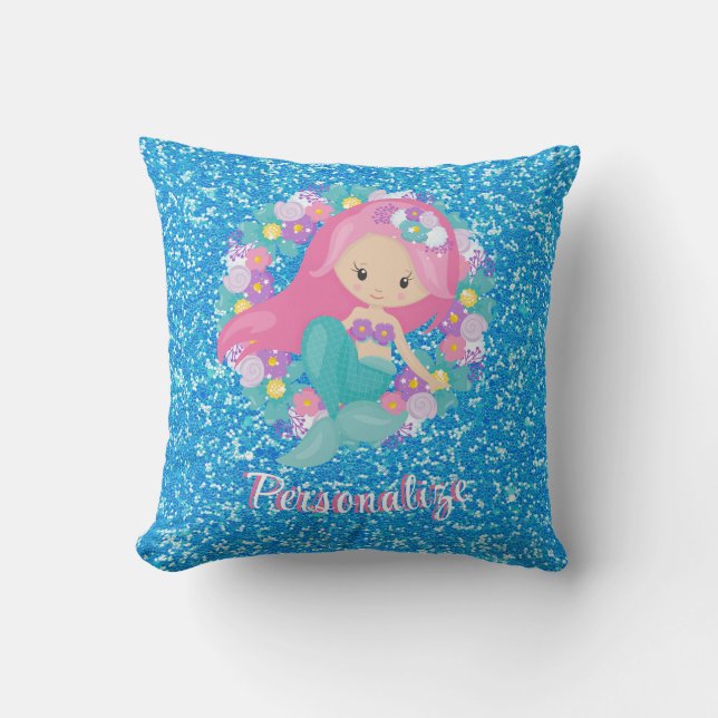 Cute Mermaid Pink Blue Glitter Personalized Throw Pillow (Front)