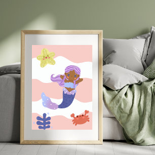 Cute Mermaid Pink Nursery Kids Poster