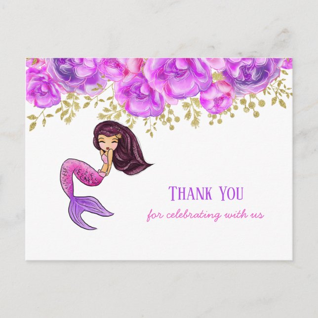 Cute Mermaid | Pink Peonies Floral Thank You Postcard (Front)