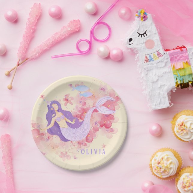 Cute Mermaid Pink Under the sea for little Girls  Paper Plate (Party)