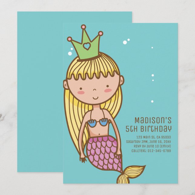 Cute Mermaid Princess Invitation de fête d'anniver (Devant / Derrière)