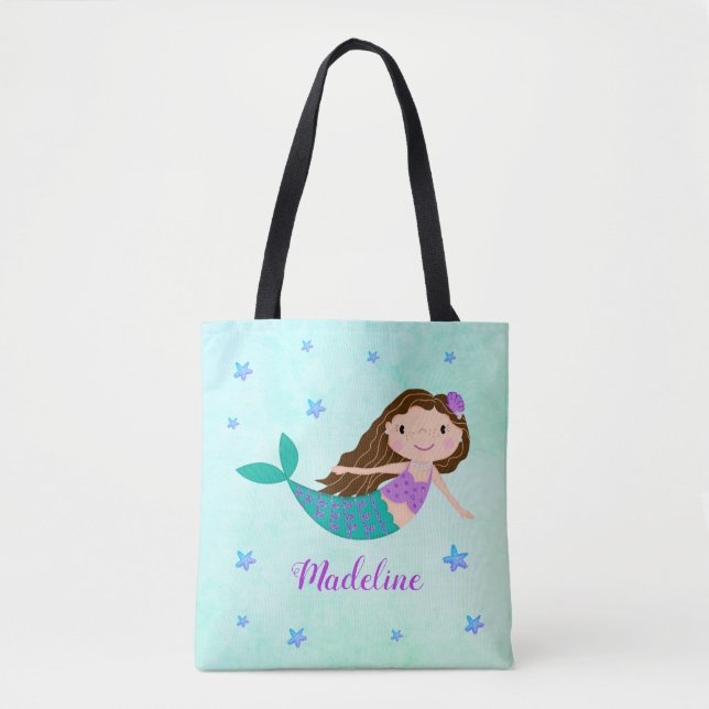 Cute Mermaid Purple Glitter Aqua Tote Bag (Front)