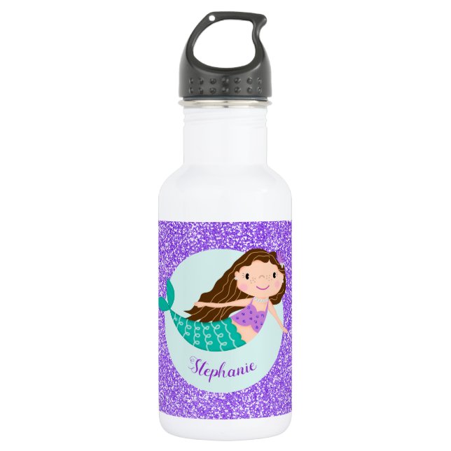 Cute Mermaid Purple Glitter Personalized 532 Ml Water Bottle (Front)