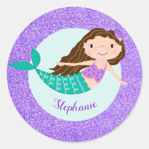 Cute Mermaid Purple Glitter Personalized Classic Round Sticker