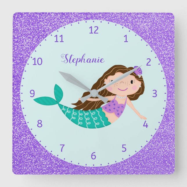 Cute Mermaid Purple Glitter Personalized Square Wall Clock (Front)