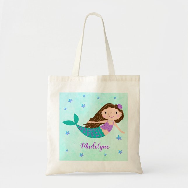 Cute Mermaid Purple Glitter Personalized Tote Bag (Front)