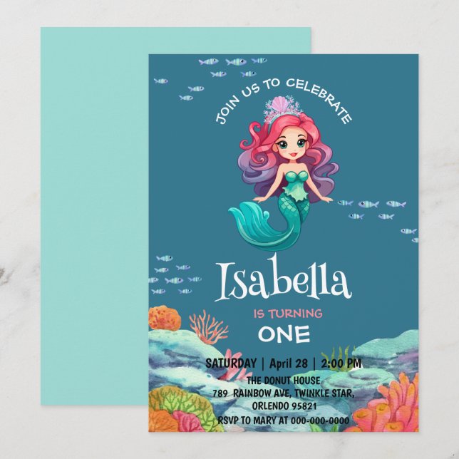 Cute Mermaid Rainbow colourful Birthday party name Invitation (Front/Back)