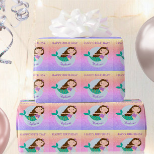 Cute Mermaid Rainbow Glitter Personalized Birthday Wrapping Paper