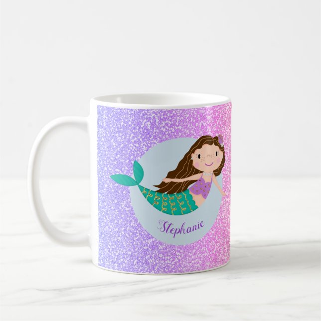 Cute Mermaid Rainbow Glitter Personalized Coffee Mug (Left)