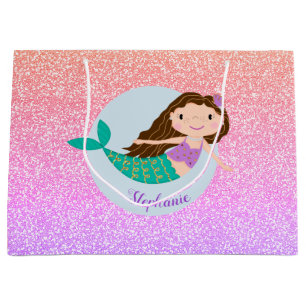 Cute Mermaid Rainbow Glitter Personalized Large Gift Bag