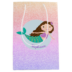 Cute Mermaid Rainbow Glitter Personalized Medium Gift Bag