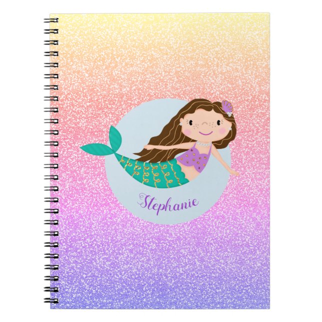 Cute Mermaid Rainbow Glitter Personalized Notebook (Front)