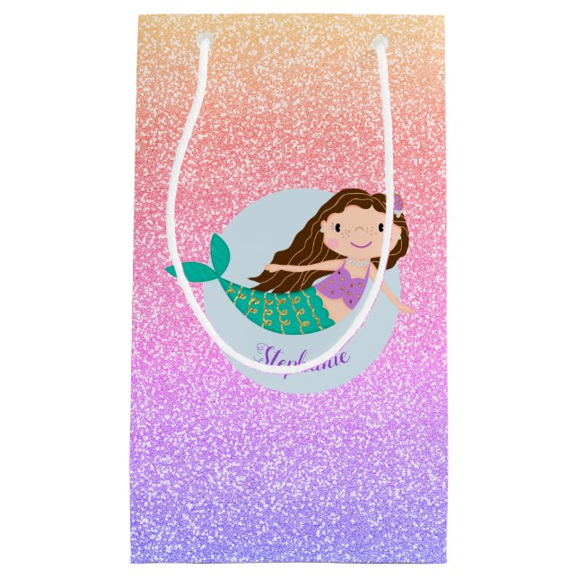 Cute Mermaid Rainbow Glitter Personalized Small Gift Bag (Front)