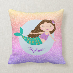 Cute Mermaid Rainbow Glitter Personalized Throw Pillow