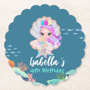 Cute Mermaid Rainbow pearl crown Birthday party Paper Coaster