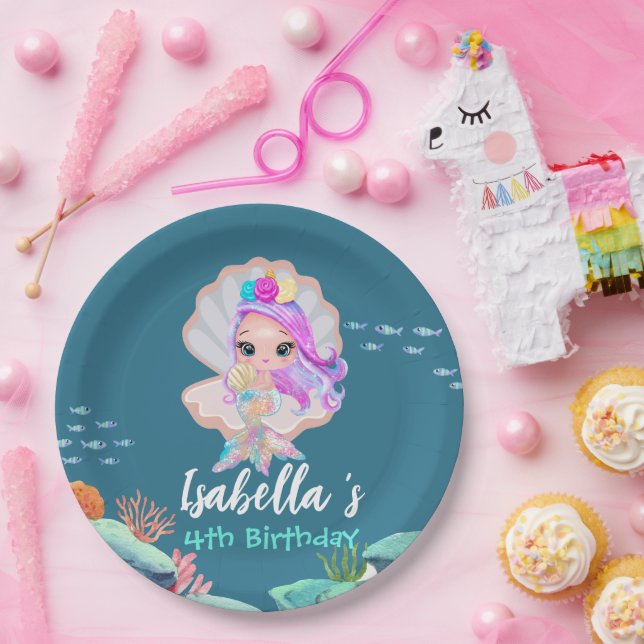 Cute Mermaid Rainbow pearl crown Birthday party Paper Plate (Party)