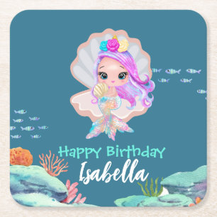 Cute Mermaid Rainbow pearl crown Birthday party Square Paper Coaster