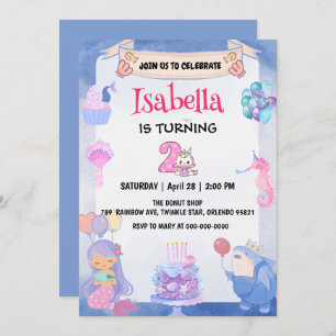 Cute Mermaid Rainbow Unicorn 2nd Birthday Party Invitation
