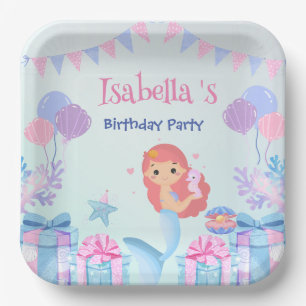 Cute Mermaid Rainbow Watercolor Birthday party  Paper Plate
