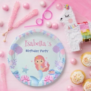 Cute Mermaid Rainbow Watercolor Birthday party Paper Plate
