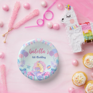 Cute Mermaid Rainbow Watercolor Birthday party  Paper Plate