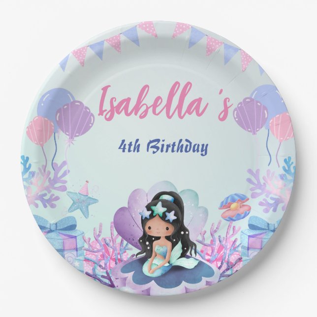 Cute Mermaid Rainbow Watercolor Birthday party  Paper Plate (Front)