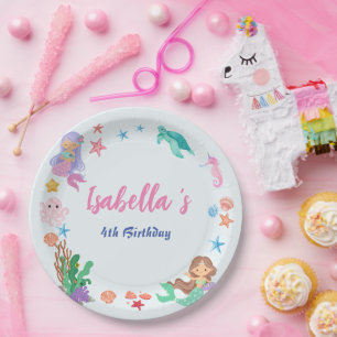 Cute Mermaid Rainbow Watercolor Birthday party  Paper Plate