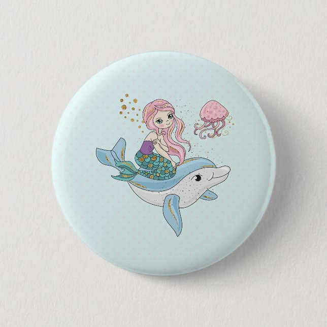 Cute Mermaid Riding a Dolphin Under the Sea 2 Inch Round Button (Front)
